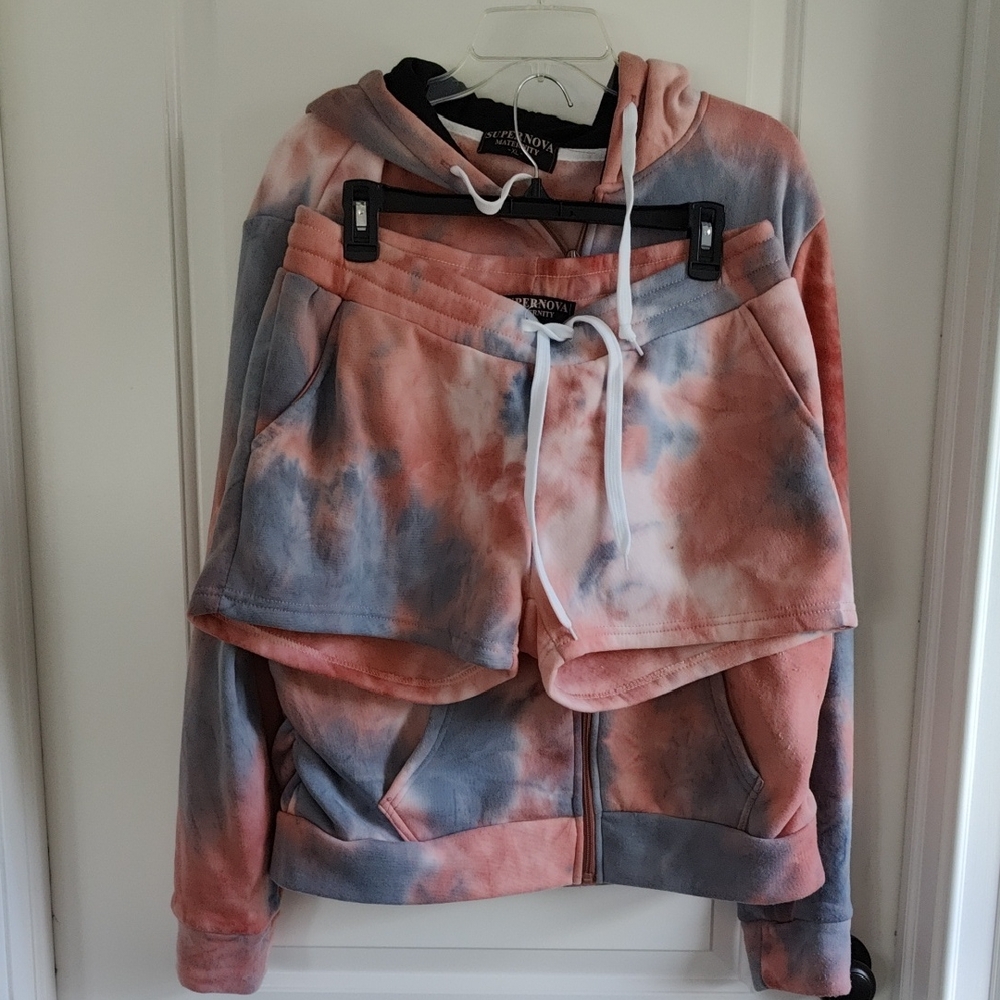 Tie-Dye Hooded Jacket & Short Set - Pink and Gray